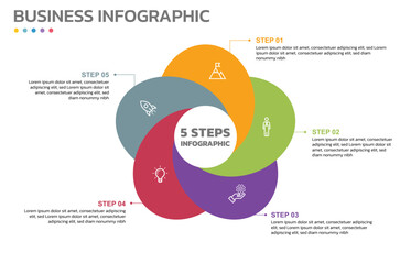 Wall Mural - Visual data presentation. Cycle diagram with 5 options. Pie Chart Circle infographic template with 5 steps, options, parts, segments. Business concept. Editable pie chart with sectors. Single layer.