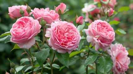 Poster - Pink English roses blooming in the summer garden, one of the most fragrant flowers