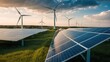 © sitifatimah - Modern renewable energy installation featuring wind turbines and solar panels under a dramatic sky, showcasing sustainable technology and eco friendly solutions
