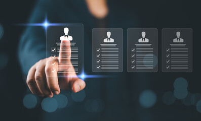hr human resources management concept. headhunters recruit employees by candidate resumes on a virtu