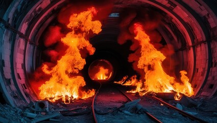 Wall Mural - striking image of flames erupting inside a dark tunnel, creating a dramatic contrast of light and sh