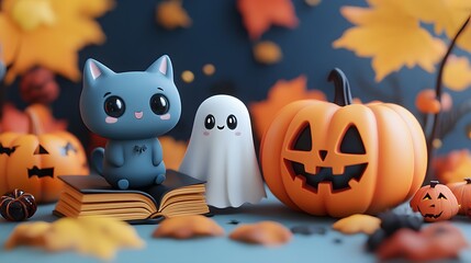 Set of 3D cartoon Halloween elements with a magic book, a ghost, and a black cat, perfect for festive cards.