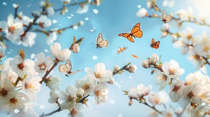 Wall Mural - Spring banner, branches of blossoming cherry against the background of blue sky, and butterflies on nature outdoors