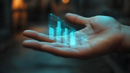 Fototapete - Hand Reaching Out with Holographic Bar Chart Projection