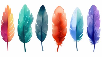 Wall Mural - Vivid watercolour feathers in rainbow hues create a vibrant, artistic collection perfect for design projects and decor.