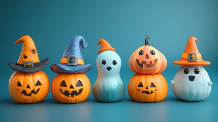 Halloween 3D cartoon set with festive hats, spooky ghosts, and funny pumpkins, designed for greeting cards and scrapbooking.