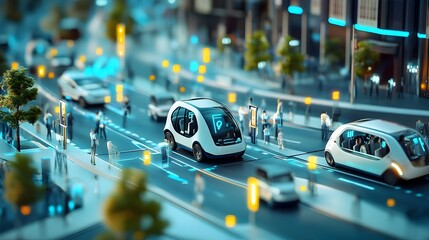 Leinwandbilder - Autonomous Ride Sharing Vehicle Picking Up Passengers in Smart City 3D Visualization