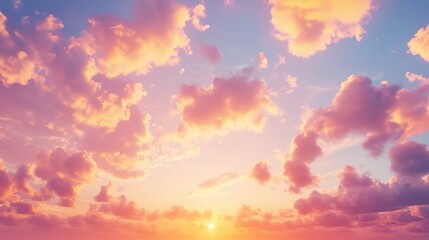 Wall Mural - Pastel Sunset Sky: Dreamy, soft hues paint the evening sky, a breathtaking panorama of pastel clouds and a warm, setting sun. Perfect for serene backgrounds and peaceful designs. 