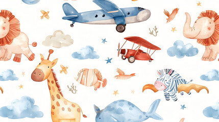 Wall Mural - Watercolor airplane kid seamless pattern. Watercolor toy background baby cartoon cute pilot hippopotamus, zebra with hippo, lion aviation sky transport airplanes, clouds