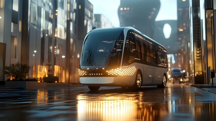 Leinwandbilder - Sleek Electric Bus Traveling Through Futuristic City Skyline