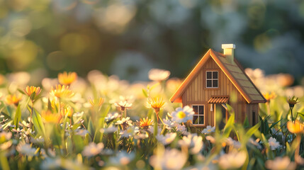 wooden model house standing on the field windflower, generative AI