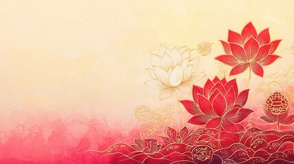 Wall Mural - Red and White Lotus Flowers on Abstract Watercolor Background.