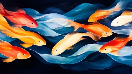 Captivating watercolor scene of fish in an aquarium, swirling together to form a living artwork, a beautiful dance of vibrant hues and shapes