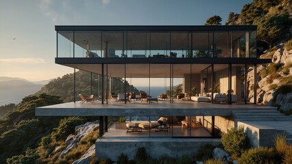 Wall Mural - a modern glass house perched on a cliffside in the mountains