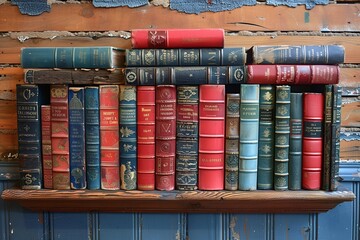 A wooden shelf filled with a diverse collection of books.