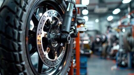 motorcycle repair. closeup wheel balancing machine at tyre service center with soft-focus