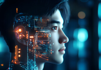 Portrait of a handsome asia man with a digital, glowing cyber brain and artificial intelligence technology background.