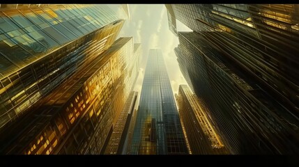 Poster - a cinematic picture of a perspective view from the ground looking up from the street at high-rise buildings in a big city, the buildings are very shiny and impressively designed, 