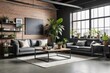 © YOUR - Modern Living Room with Black Leather Sofas and Large Window