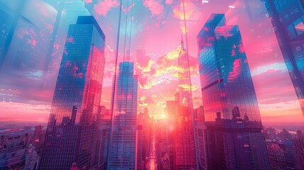 Canvas Print - Playful pop art motifs are splashed across towering skyscrapers beneath a cotton candy sky