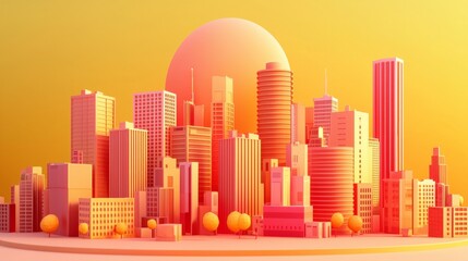 Sticker - City skyline, cute cartoon building, golden and red Material, 3d, c4d, octane render 