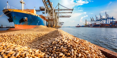 A large ship is docked at a port with a large pile of grain on the dock. The grain is piled high and the ship is in the background