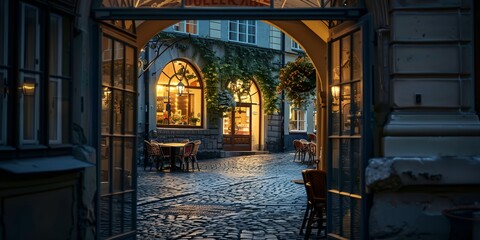 A street scene with a restaurant and a few tables and chairs. The scene is at night and the light is dim