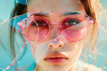 Poster - A woman with pink glasses and makeup is looking at the camera. The image is a reflection of her face in a broken mirror. Scene is somewhat melancholic, as the woman's reflection is distorted