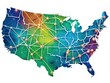 © Adisorn - Vibrant illustration of the contiguous United States featuring a detailed network of interstate highways, state borders, and major cities on a white background.