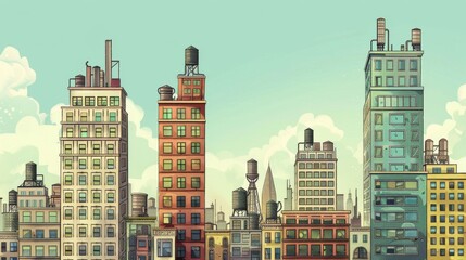 Wall Mural - cartoon of a a juxtaposition of a small commercial skyscraper vs a giant skyscraper 