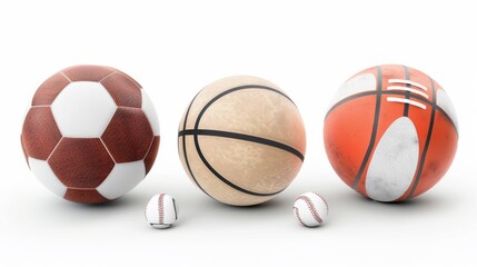 Wall Mural - 4 various different sports balls, rugby ball, basketball, soccer ball, volleyball, baseball, tennis ball collection isolated on white background