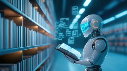 A futuristic robot reading a book in a high-tech library filled with digital data and illuminated shelves.