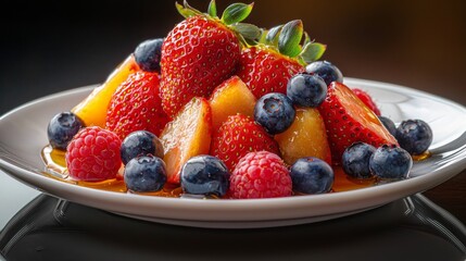 A close-up image of a vibrant summer fruit salad in a deep bowl, featuring chunks of ripe peaches, grapes, and pomegranate seeds, lightly coated with honey for added sweetness