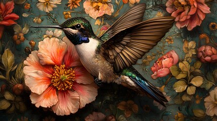 Sticker - Hummingbird in a Floral Painting.