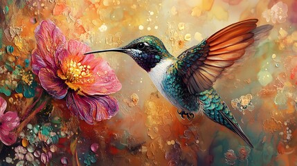 Canvas Print - Hummingbird in Flight Over a Flower.