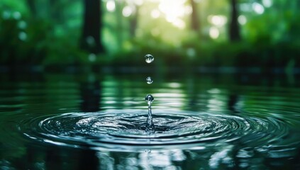 Water surface, water droplets, and ripples on a natural background with a blurred forest in the sunlight. Water splash, splashing,