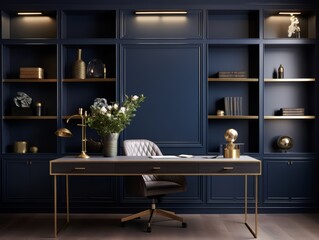 Modern home office with a dark blue wall, gold accents, and a desk with a leather chair.