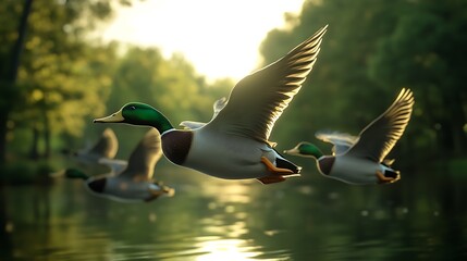 Sticker - Ducks Flying Over a Pond at Sunset