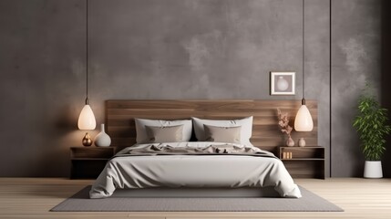 Modern bedroom with a wooden headboard, two bedside tables, two hanging lights, and a gray rug on the wooden floor.