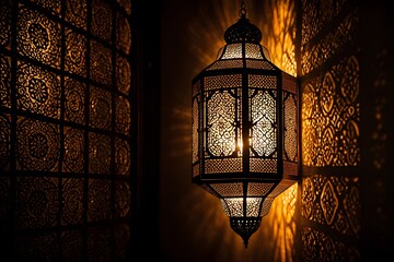 A lamp with a gold colored shade is lit up, casting a warm glow on the wall