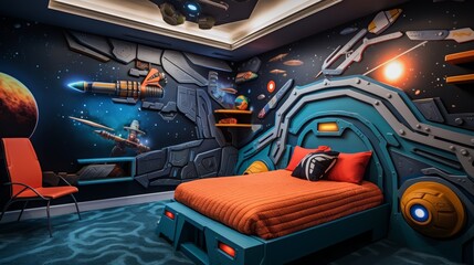 A modern bedroom with a space-themed mural and a bed that resembles a spaceship.