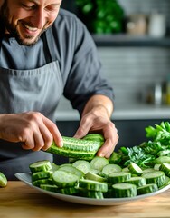 Wall Mural - Man Preparing Cucumbers in a Kitchen