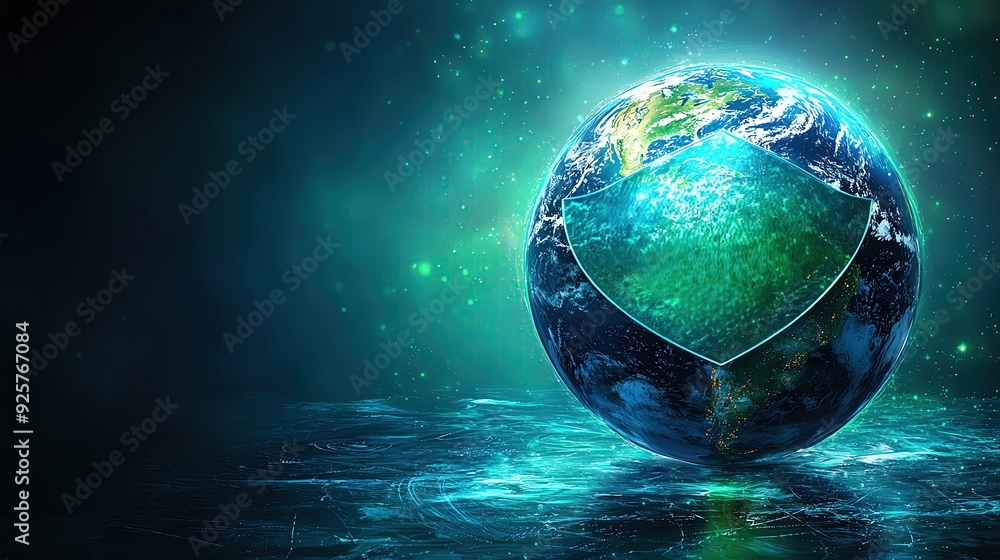 Futuristic digital globe with a glowing shield design, representing ...