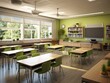 © hamzahalderad - A classroom with green chairs and desks, large windows, ceiling fans, a bookshelf, a flat-screen TV and plants.