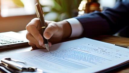 persons hand is writing signature on deal contract at company in office, legal documents or document