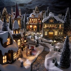 Wall Mural - Christmas village in the snow with houses, trees and snowdrifts