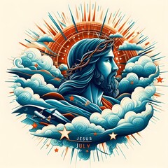 Jesus in the Clouds with Stars and Airplane