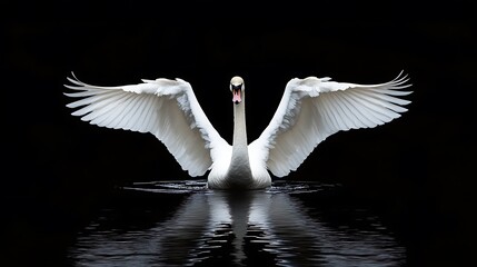 Poster - White Swan with Spread Wings in Dark Water