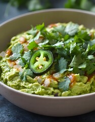 Wall Mural - Close-up of Freshly Made Guacamole with Cilantro and Jalapeno