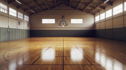 Poster - Empty school gymnasium with polished wooden floors and basketball hoops